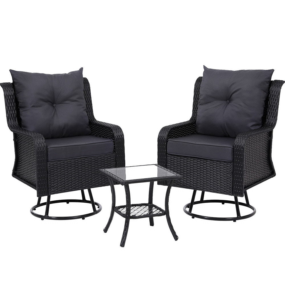 Gardeon 3PC Outdoor Furniture Bistro Set Lounge Wicker Swivel Chairs Table Cushion Black-0