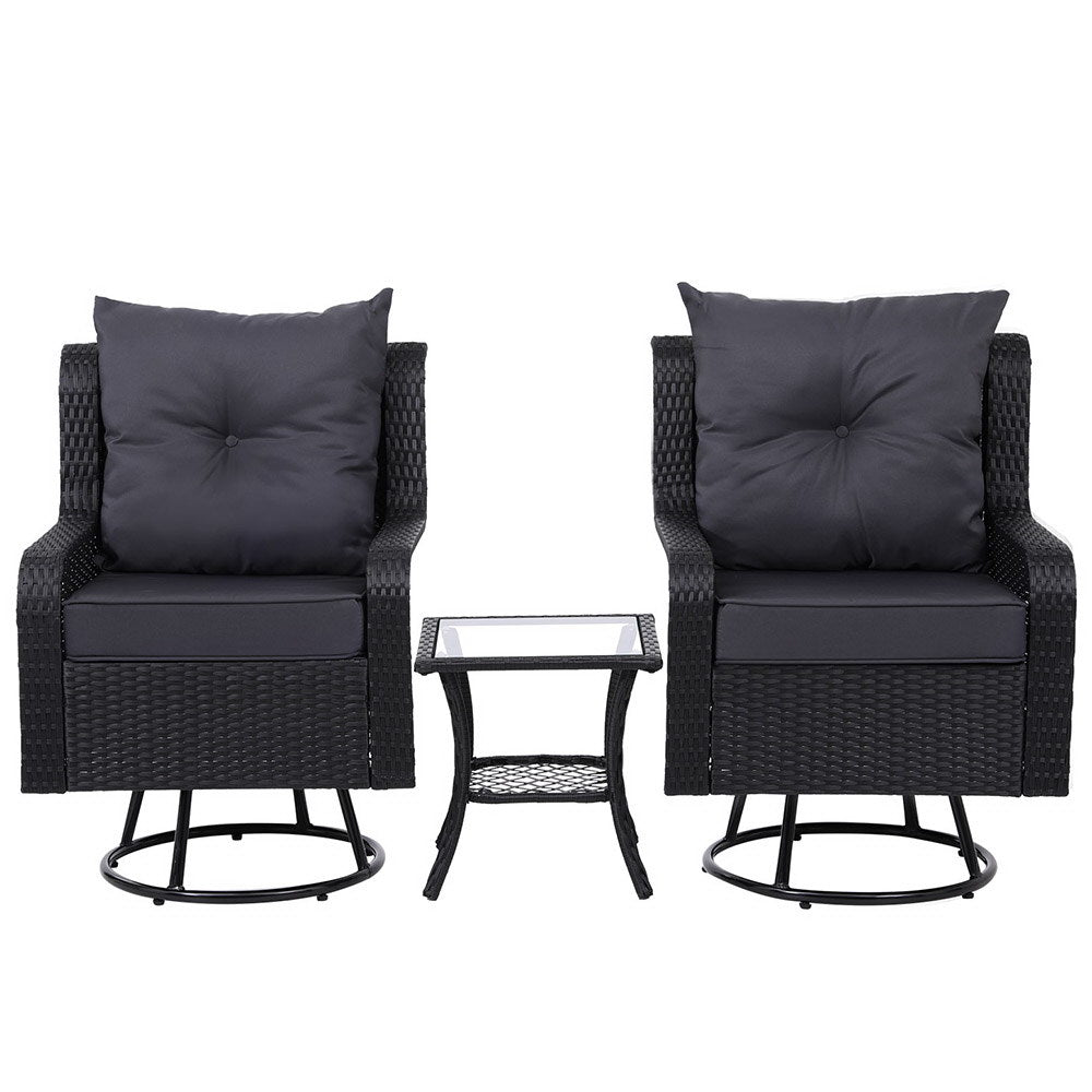 Gardeon 3PC Outdoor Furniture Bistro Set Lounge Wicker Swivel Chairs Table Cushion Black-1