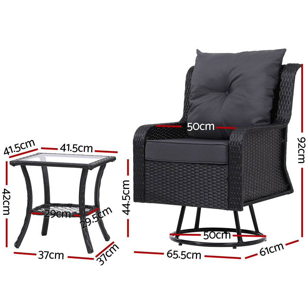 Gardeon 3PC Outdoor Furniture Bistro Set Lounge Wicker Swivel Chairs Table Cushion Black-2