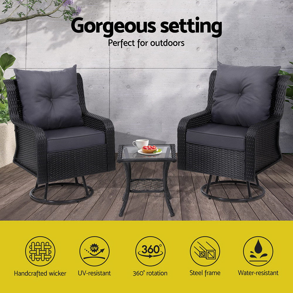 Gardeon 3PC Outdoor Furniture Bistro Set Lounge Wicker Swivel Chairs Table Cushion Black-3