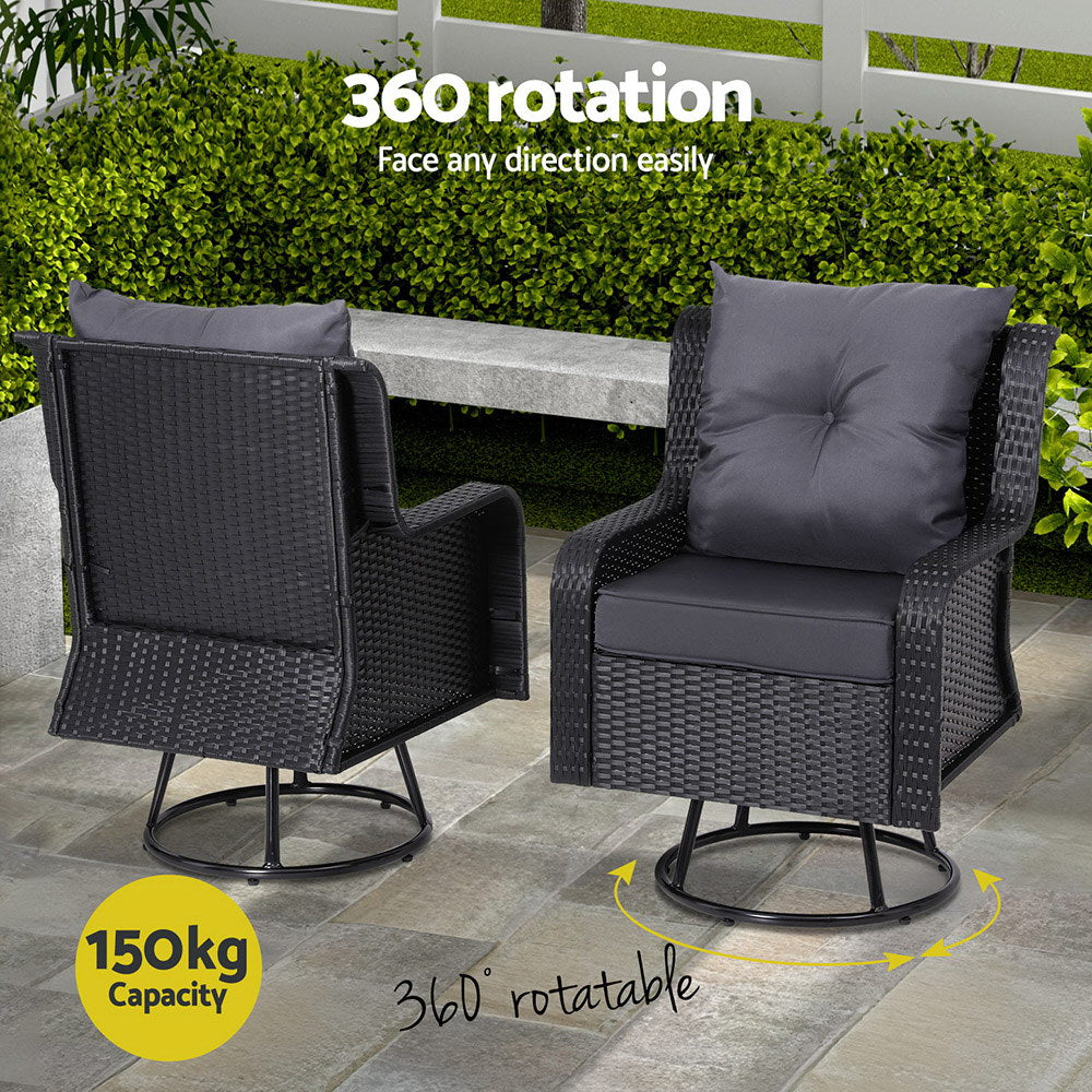 Gardeon 3PC Outdoor Furniture Bistro Set Lounge Wicker Swivel Chairs Table Cushion Black-4