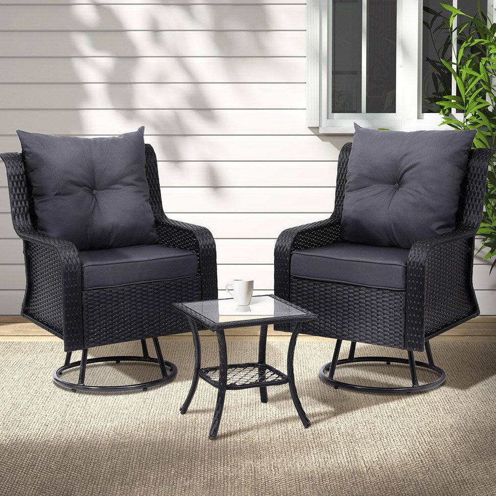 Gardeon 3PC Outdoor Furniture Bistro Set Lounge Wicker Swivel Chairs Table Cushion Black-6