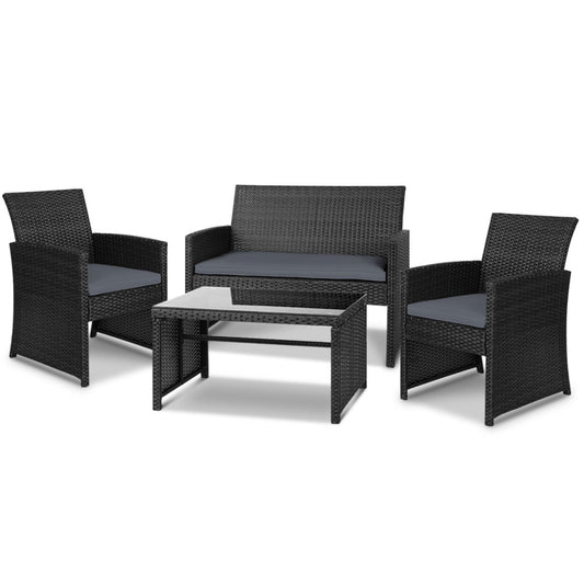 Gardeon 4 PCS Outdoor Sofa Set Rattan Chair Table Setting Garden Furniture Black-0