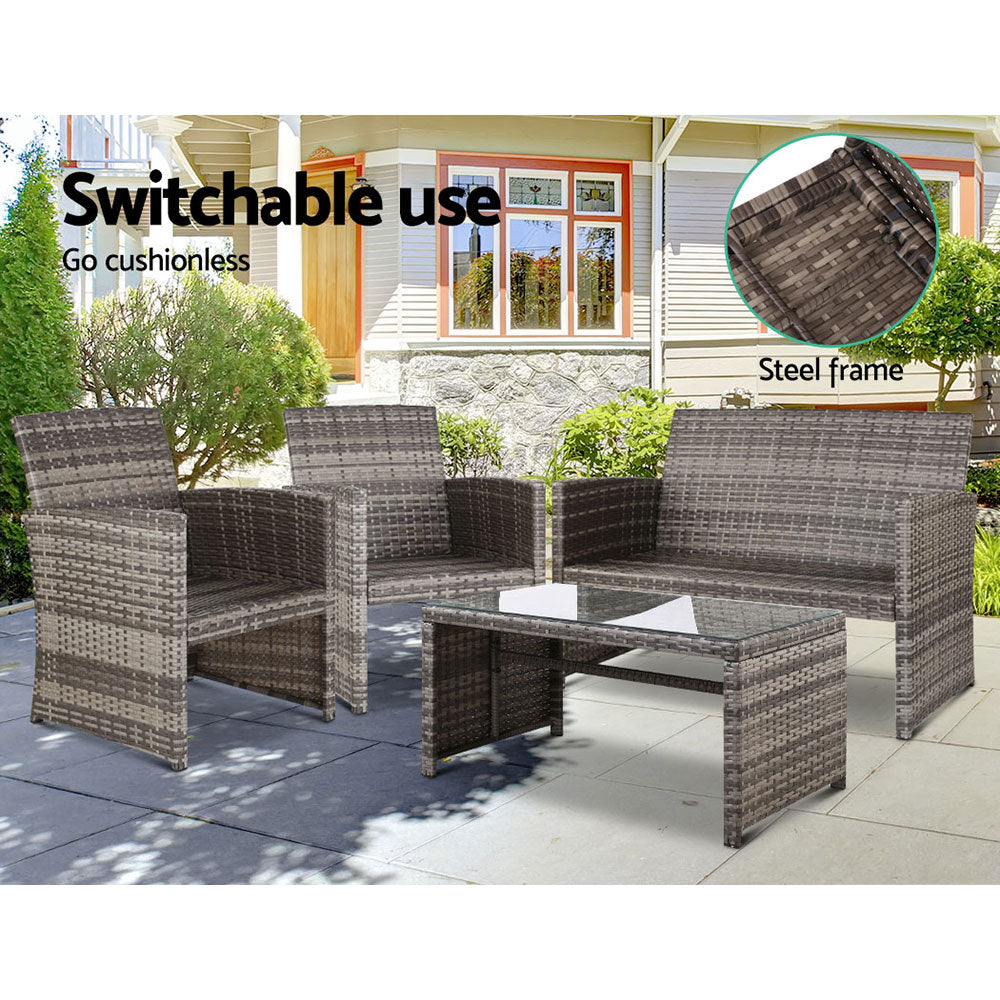 Gardeon 4 PCS Outdoor Sofa Set Rattan Chair Table Setting Garden Furniture Grey-5