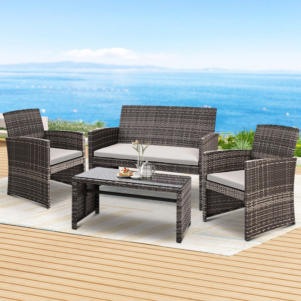 Gardeon 4 PCS Outdoor Sofa Set Rattan Chair Table Setting Garden Furniture Grey-6