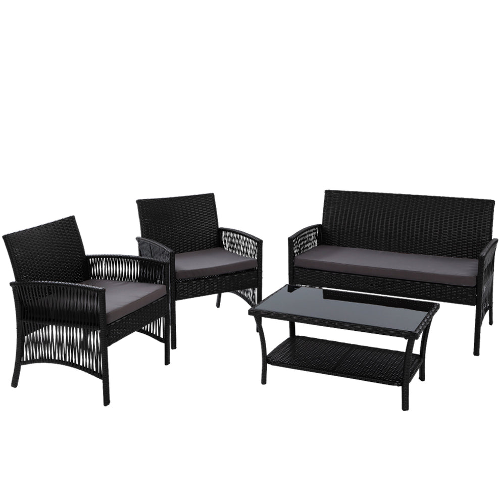 Gardeon 4PCS OutdoorSofa Set with Storage Cover Wicker Harp Chair Table Black