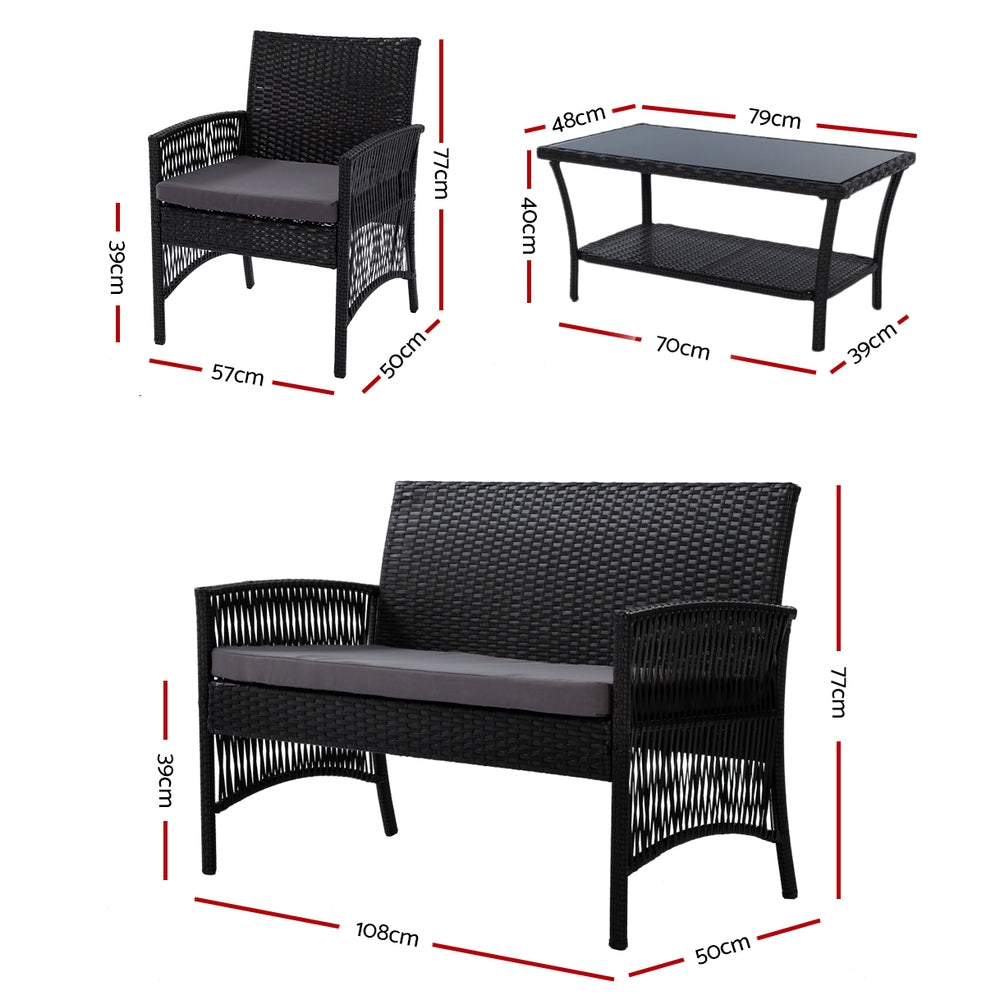 Gardeon 4PCS Outdoor Sofa Set Wicker Harp Chair Table Garden Furniture Black-1