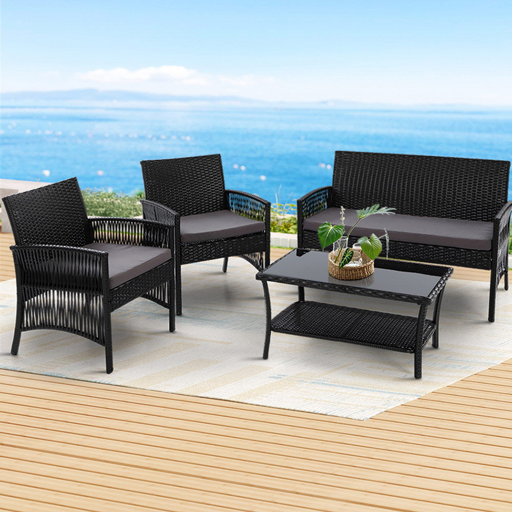 Gardeon 4PCS Outdoor Sofa Set Wicker Harp Chair Table Garden Furniture Black-7