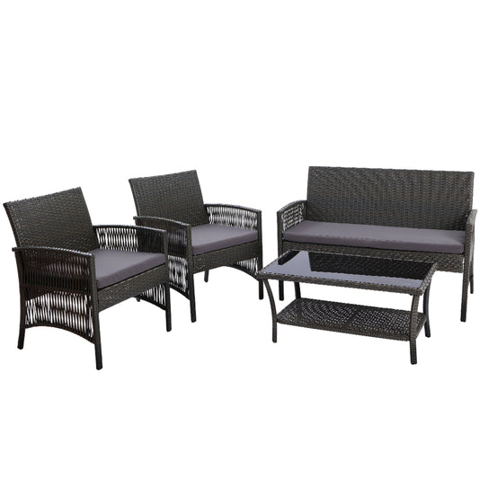 Gardeon 4PCS Outdoor Sofa Set Wicker Harp Chair Table Garden Furniture Grey-0