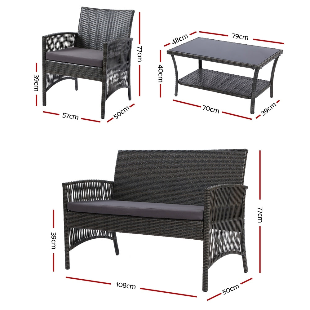 Gardeon 4PCS Outdoor Sofa Set Wicker Harp Chair Table Garden Furniture Grey-1