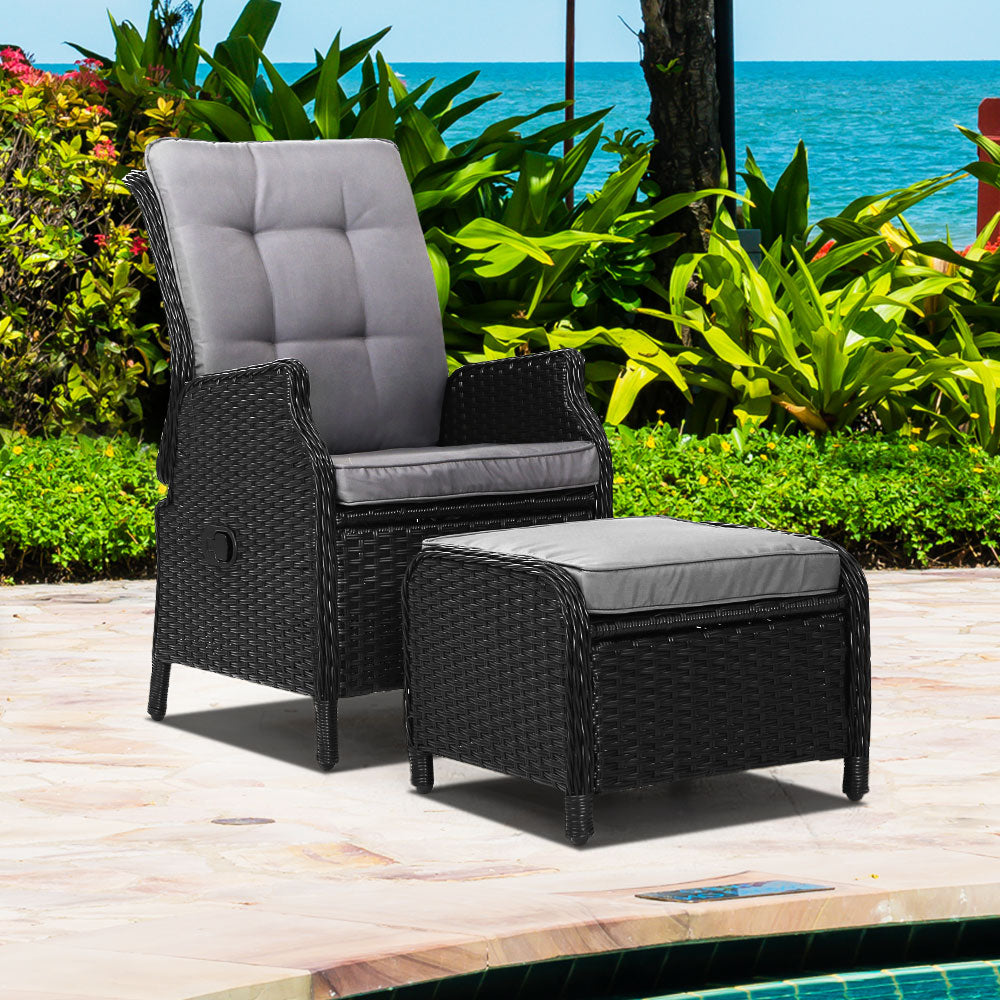 Gardeon Recliner Chair Sun lounge Wicker Lounger Outdoor Furniture Patio Adjustable Black-7