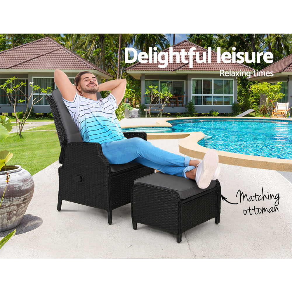 Gardeon Recliner Chair Sun lounge Wicker Lounger Outdoor Furniture Patio Adjustable Black-8