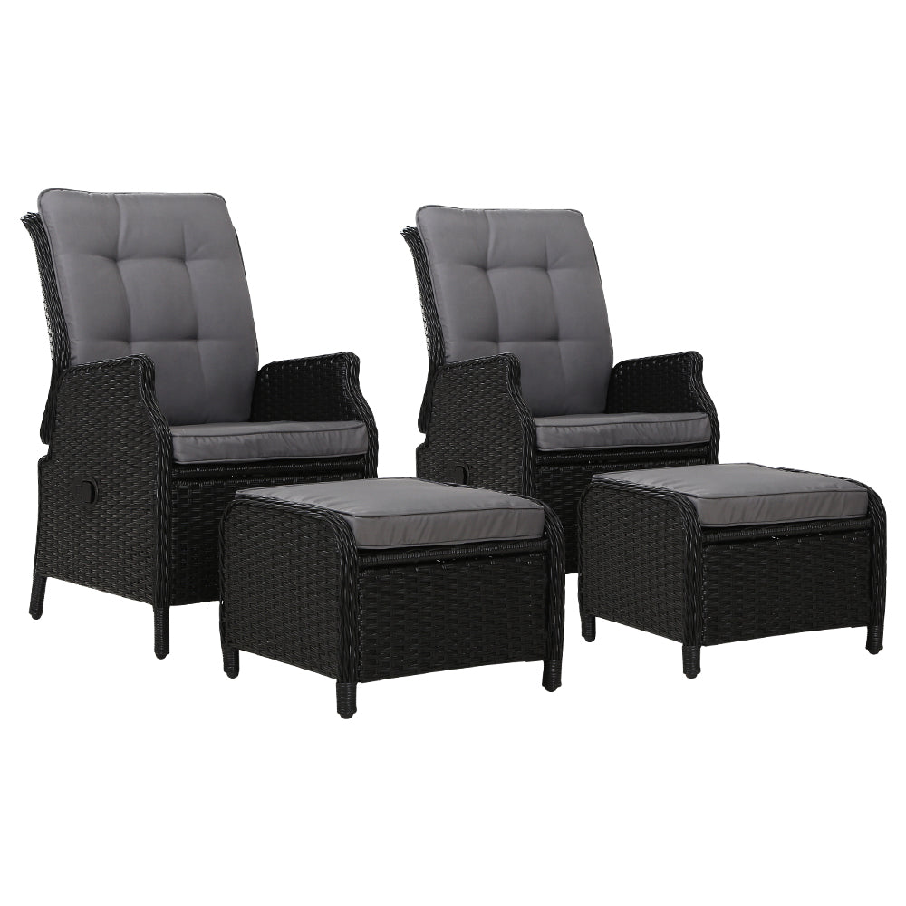 Gardeon 2PC Recliner Chair Sun lounge Wicker Lounger Outdoor Furniture Adjustable Black-0