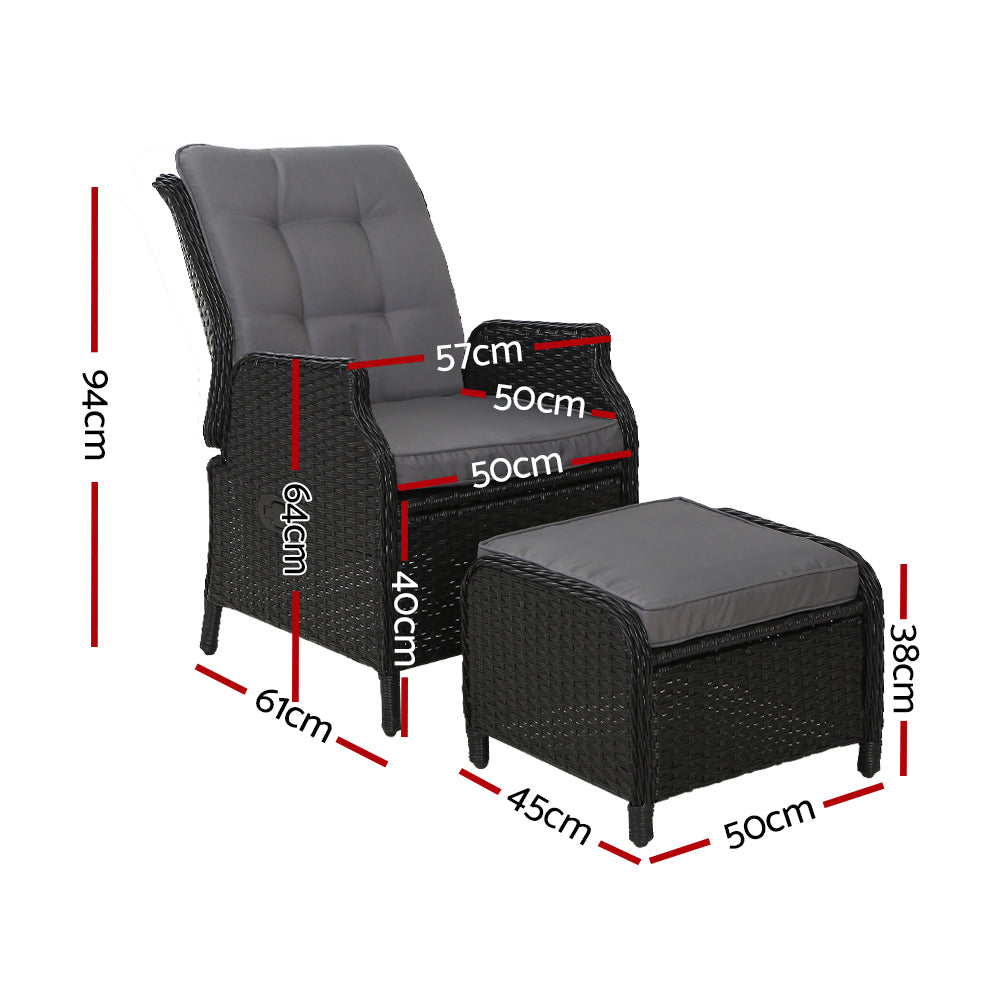 Gardeon 2PC Recliner Chair Sun lounge Wicker Lounger Outdoor Furniture Adjustable Black-1