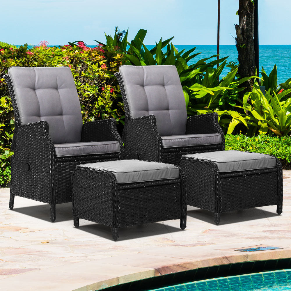 Gardeon 2PC Recliner Chair Sun lounge Wicker Lounger Outdoor Furniture Adjustable Black-7