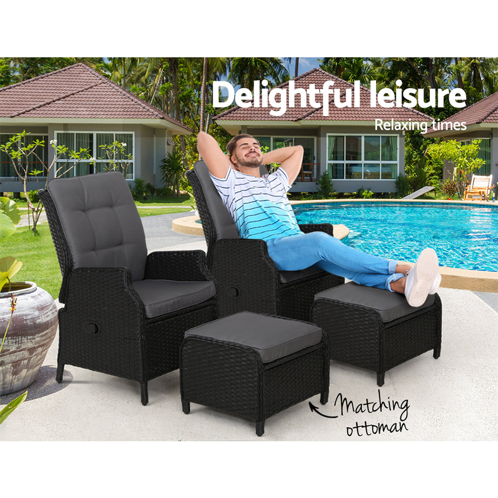 Gardeon 2PC Recliner Chair Sun lounge Wicker Lounger Outdoor Furniture Adjustable Black-8