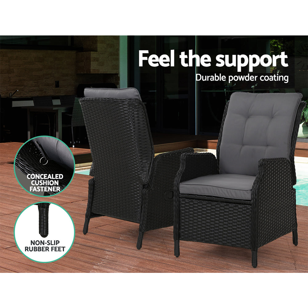 Gardeon 2PC Recliner Chair Sun lounge Wicker Lounger Outdoor Furniture Adjustable Black-9