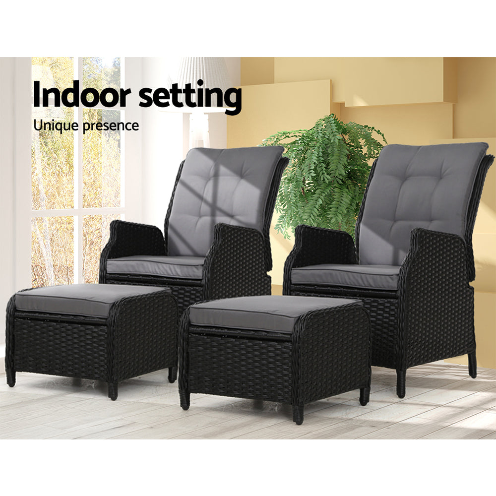 Gardeon 2PC Recliner Chair Sun lounge Wicker Lounger Outdoor Furniture Adjustable Black-11