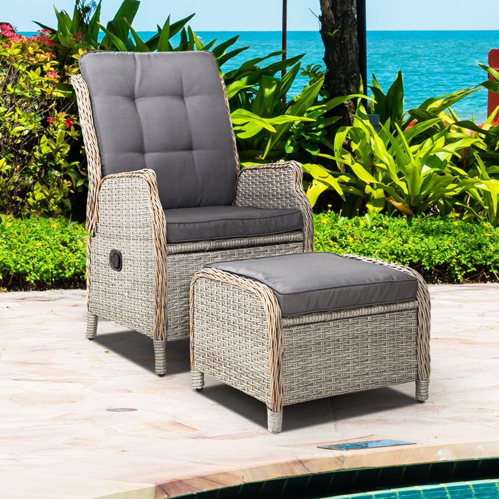 Gardeon Recliner Chair Sun lounge Wicker Lounger Outdoor Furniture Patio Adjustable Grey-7