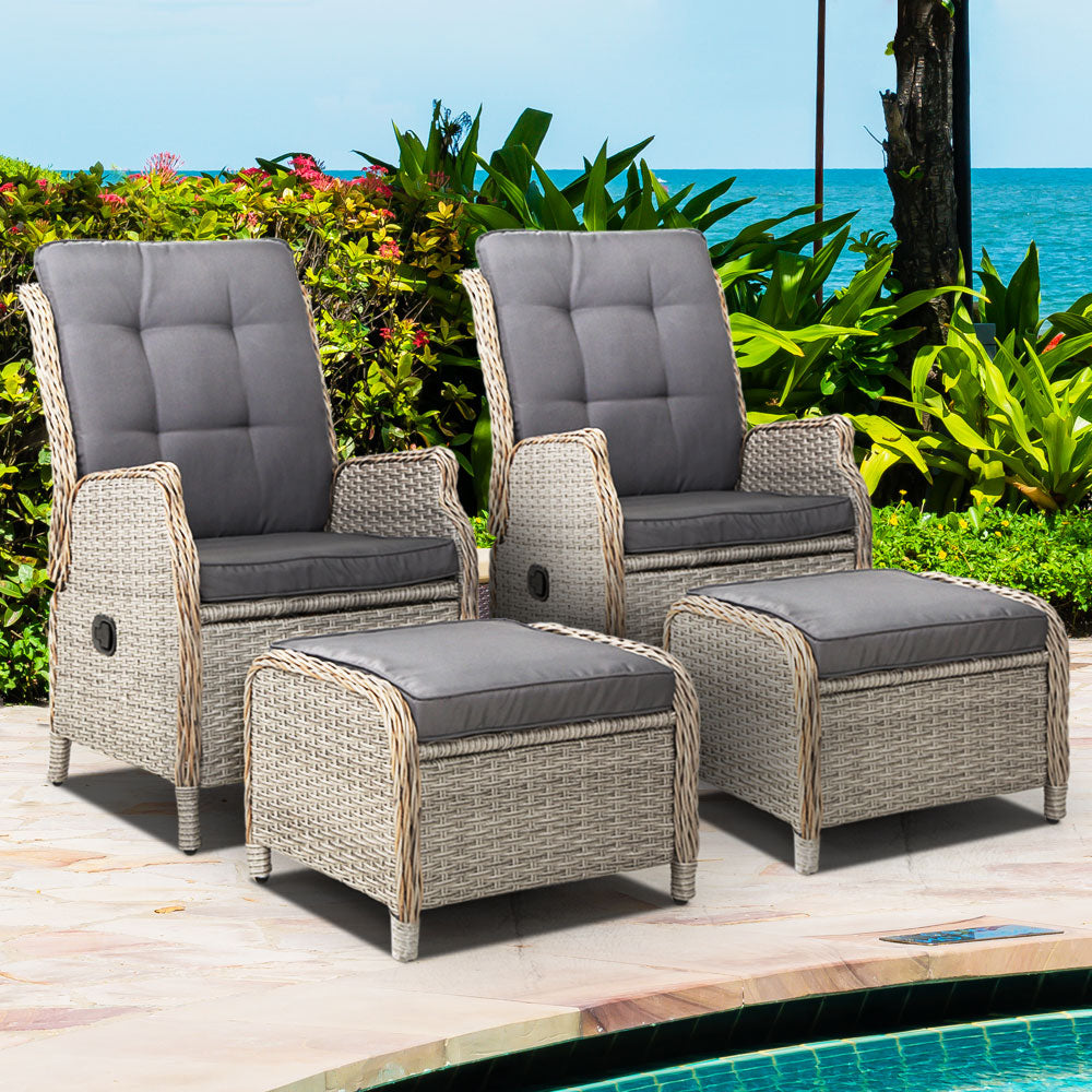 Gardeon 2PC Recliner Chair Sun lounge Wicker Lounger Outdoor Furniture Adjustable Grey-7