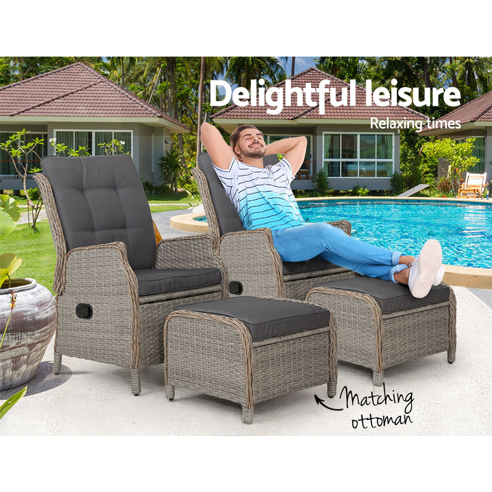 Gardeon 2PC Recliner Chair Sun lounge Wicker Lounger Outdoor Furniture Adjustable Grey-8