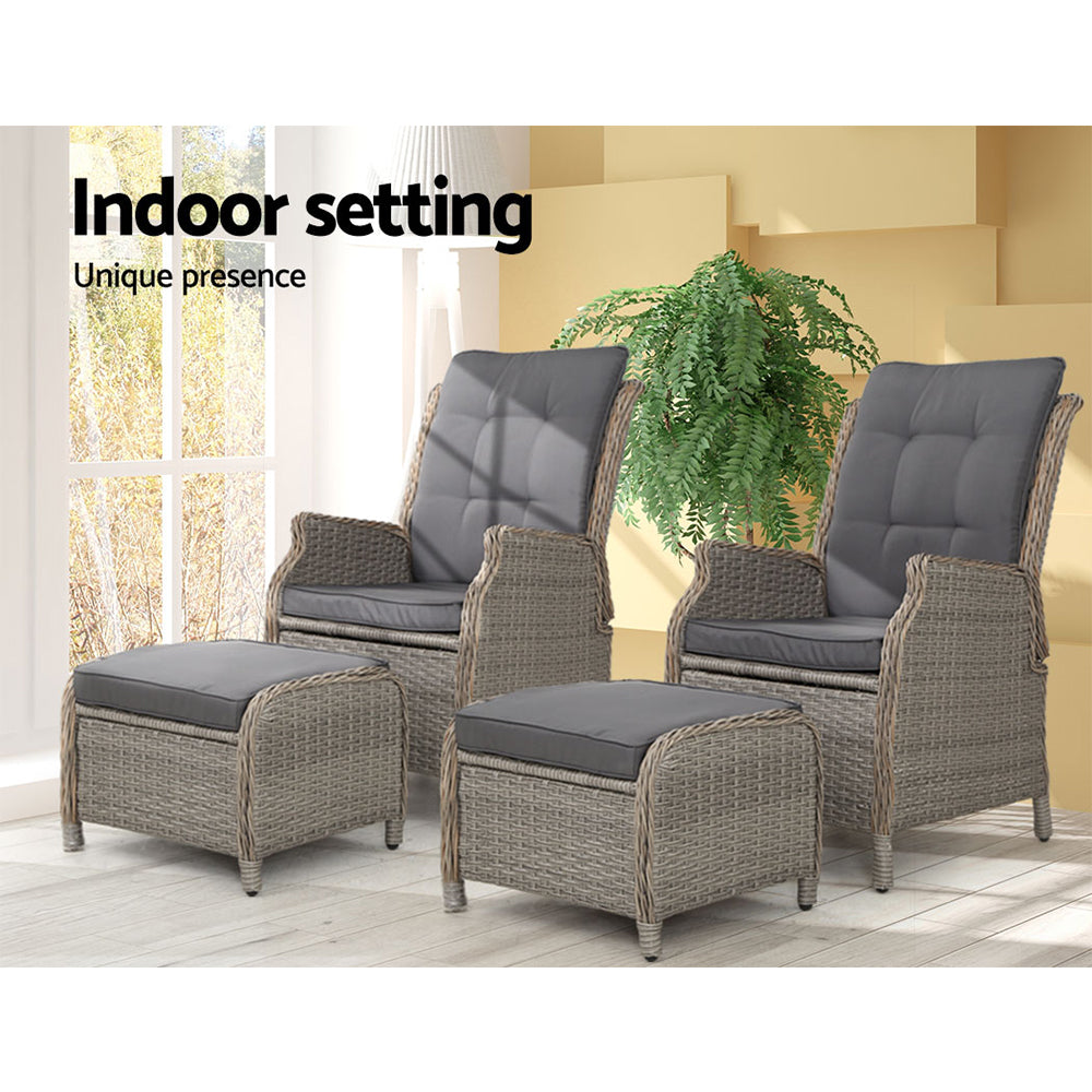 Gardeon 2PC Recliner Chair Sun lounge Wicker Lounger Outdoor Furniture Adjustable Grey-11