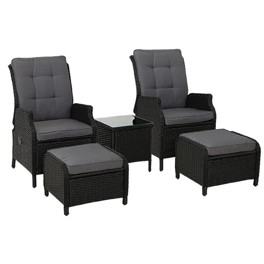 Gardeon 5PC Recliner Chairs Table Sun lounge Wicker Outdoor Furniture Adjustable Black-0