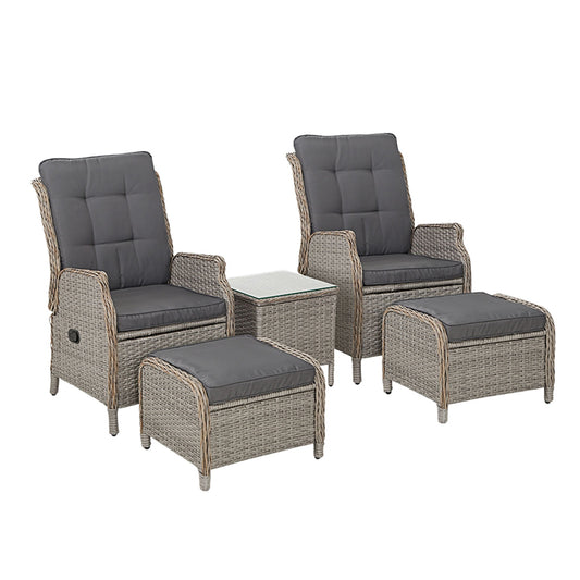 Gardeon 5PC Recliner Chairs Table Sun lounge Wicker Outdoor Furniture Adjustable Grey-0