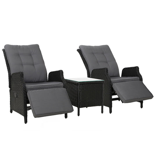 Gardeon 3PC Recliner Chairs Table Sun lounge Outdoor Furniture Wicker Adjustable Black-0