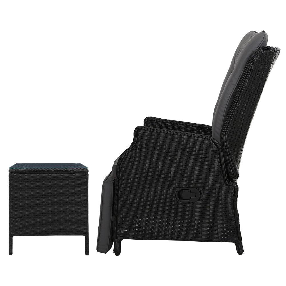 Gardeon 3PC Recliner Chairs Table Sun lounge Outdoor Furniture Wicker Adjustable Black-3