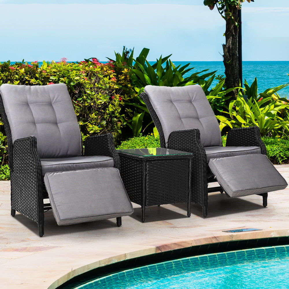 Gardeon 3PC Recliner Chairs Table Sun lounge Outdoor Furniture Wicker Adjustable Black-7