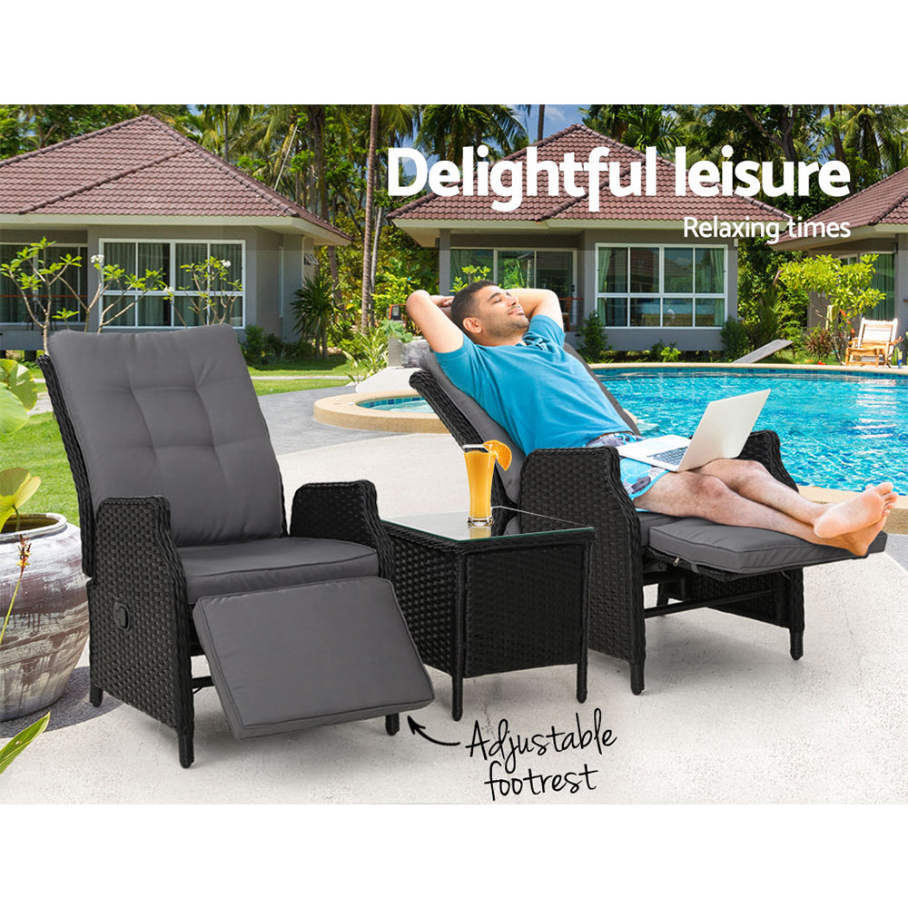 Gardeon 3PC Recliner Chairs Table Sun lounge Outdoor Furniture Wicker Adjustable Black-8