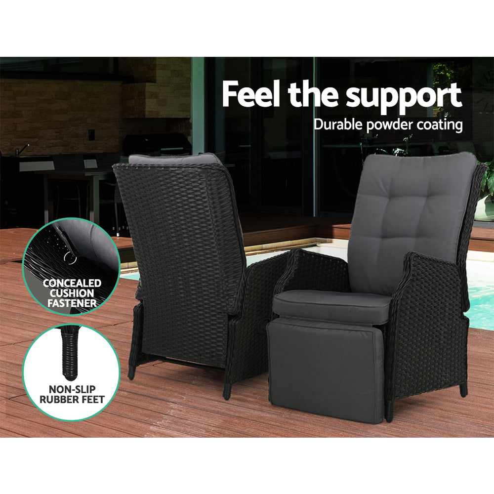 Gardeon 3PC Recliner Chairs Table Sun lounge Outdoor Furniture Wicker Adjustable Black-9