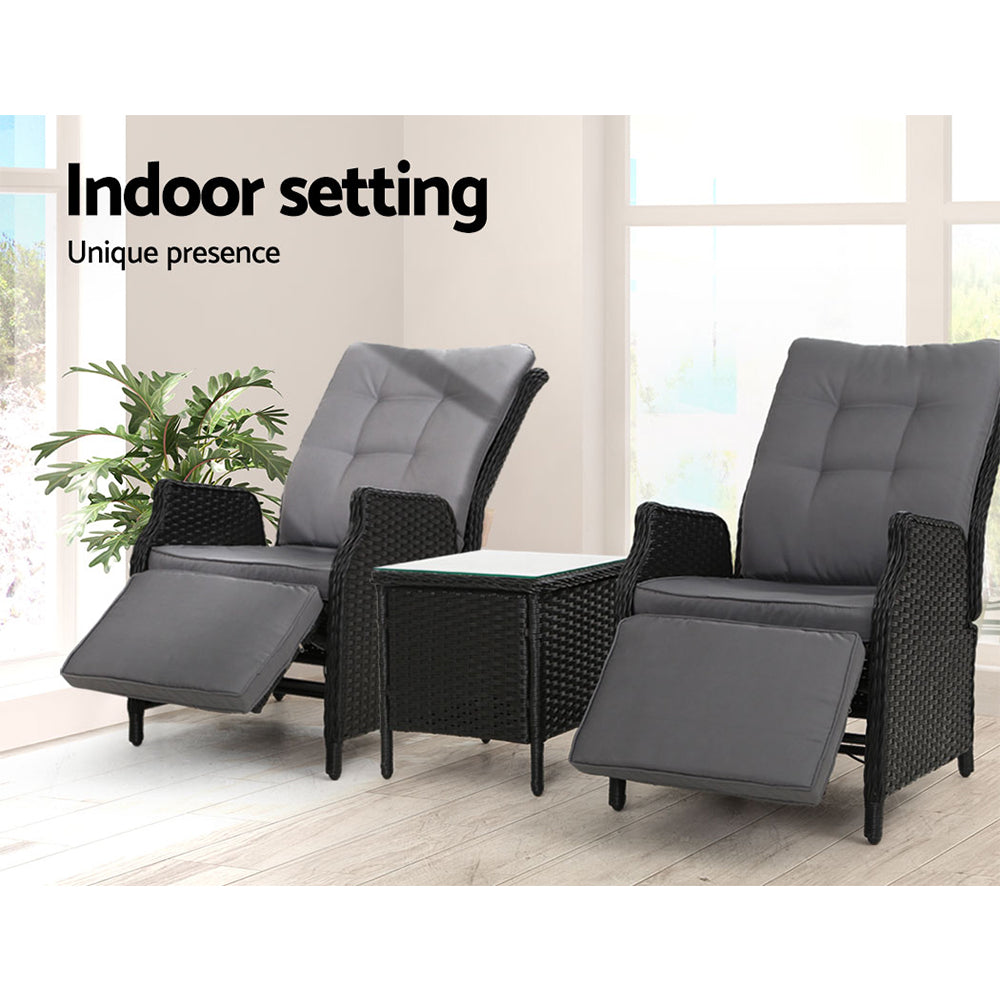 Gardeon 3PC Recliner Chairs Table Sun lounge Outdoor Furniture Wicker Adjustable Black-11