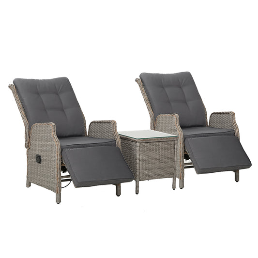 Gardeon 3PC Recliner Chairs Table Sun lounge Outdoor Furniture Wicker Adjustable Grey-0