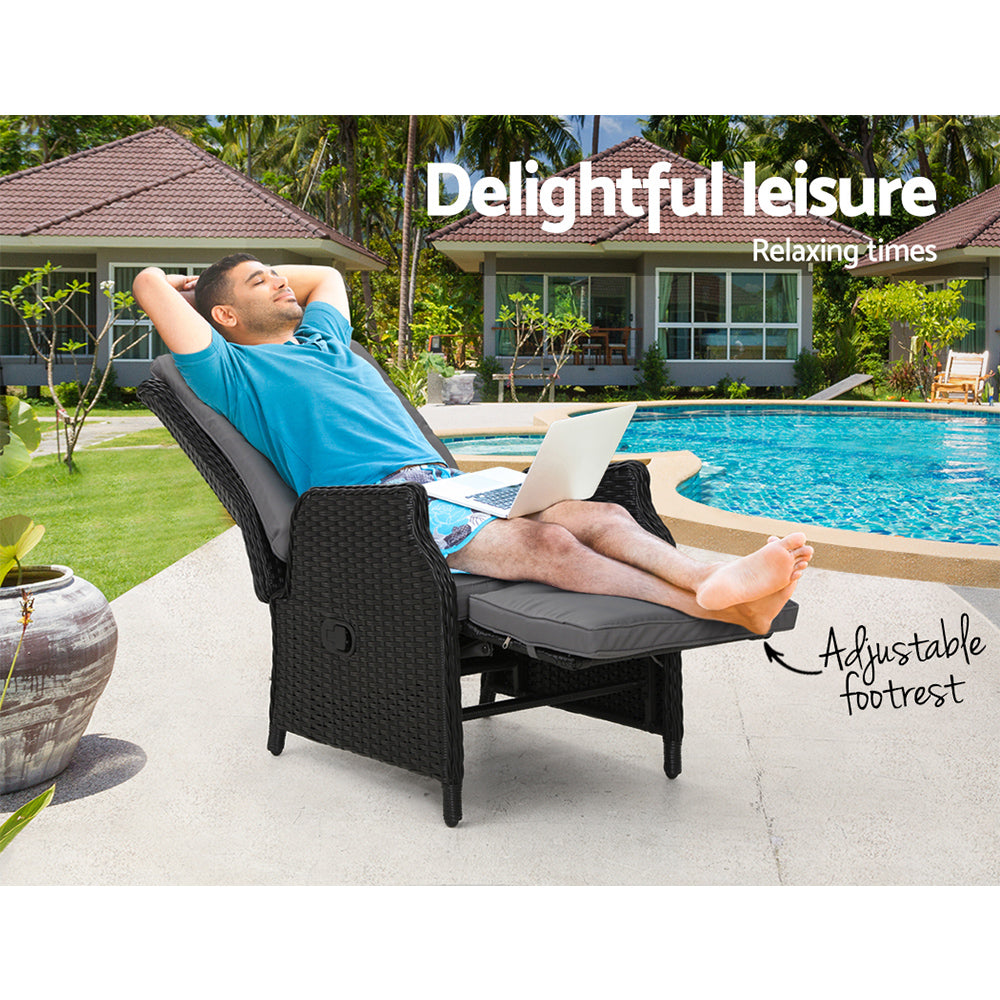 Gardeon Recliner Chairs Sun lounge Wicker Lounger Outdoor Furniture Patio Adjustable Black-8