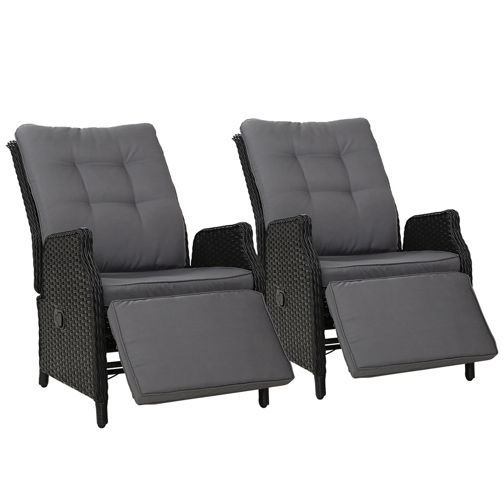 Gardeon 2PC Recliner Chairs Sun lounge Wicker Lounger Outdoor Furniture Adjustable Black-0