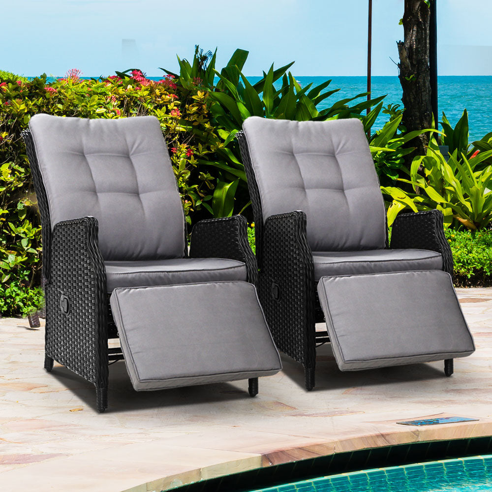 Gardeon 2PC Recliner Chairs Sun lounge Wicker Lounger Outdoor Furniture Adjustable Black-7