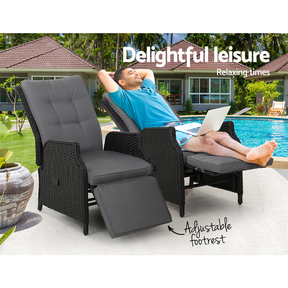 Gardeon 2PC Recliner Chairs Sun lounge Wicker Lounger Outdoor Furniture Adjustable Black-8