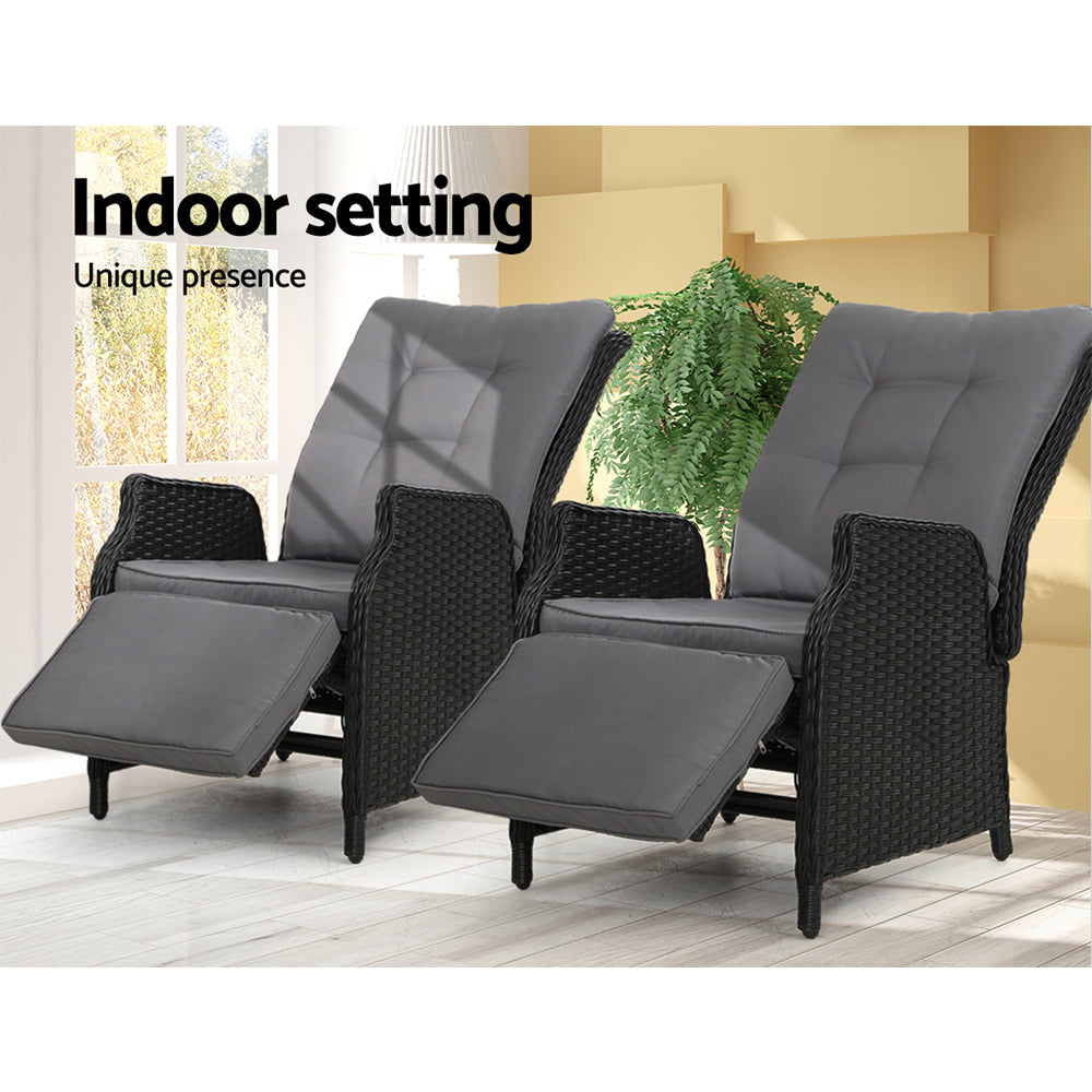 Gardeon 2PC Recliner Chairs Sun lounge Wicker Lounger Outdoor Furniture Adjustable Black-11