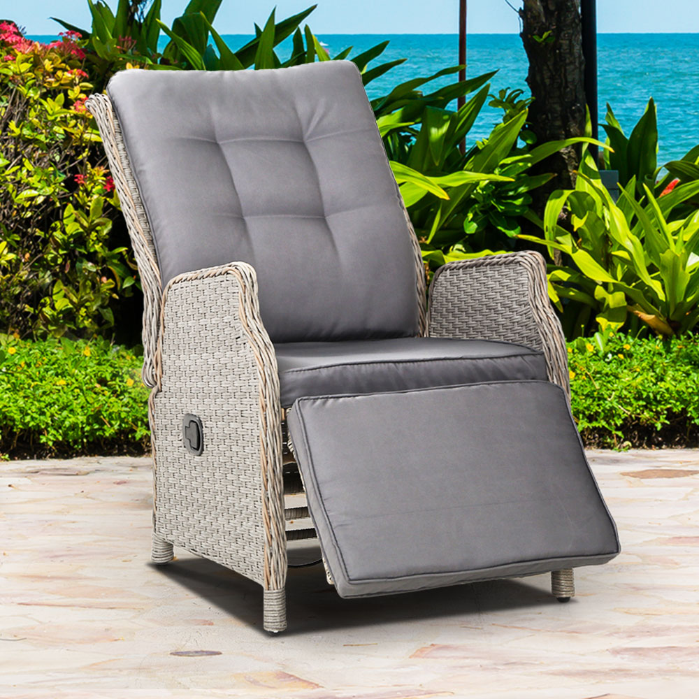 Gardeon Recliner Chairs Sun lounge Wicker Lounger Outdoor Furniture Patio Adjustable Grey-7