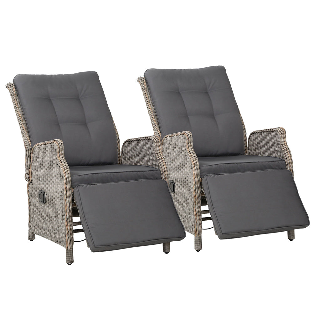 Gardeon 2PC Recliner Chairs Sun lounge Wicker Lounger Outdoor Furniture Adjustable Grey-0