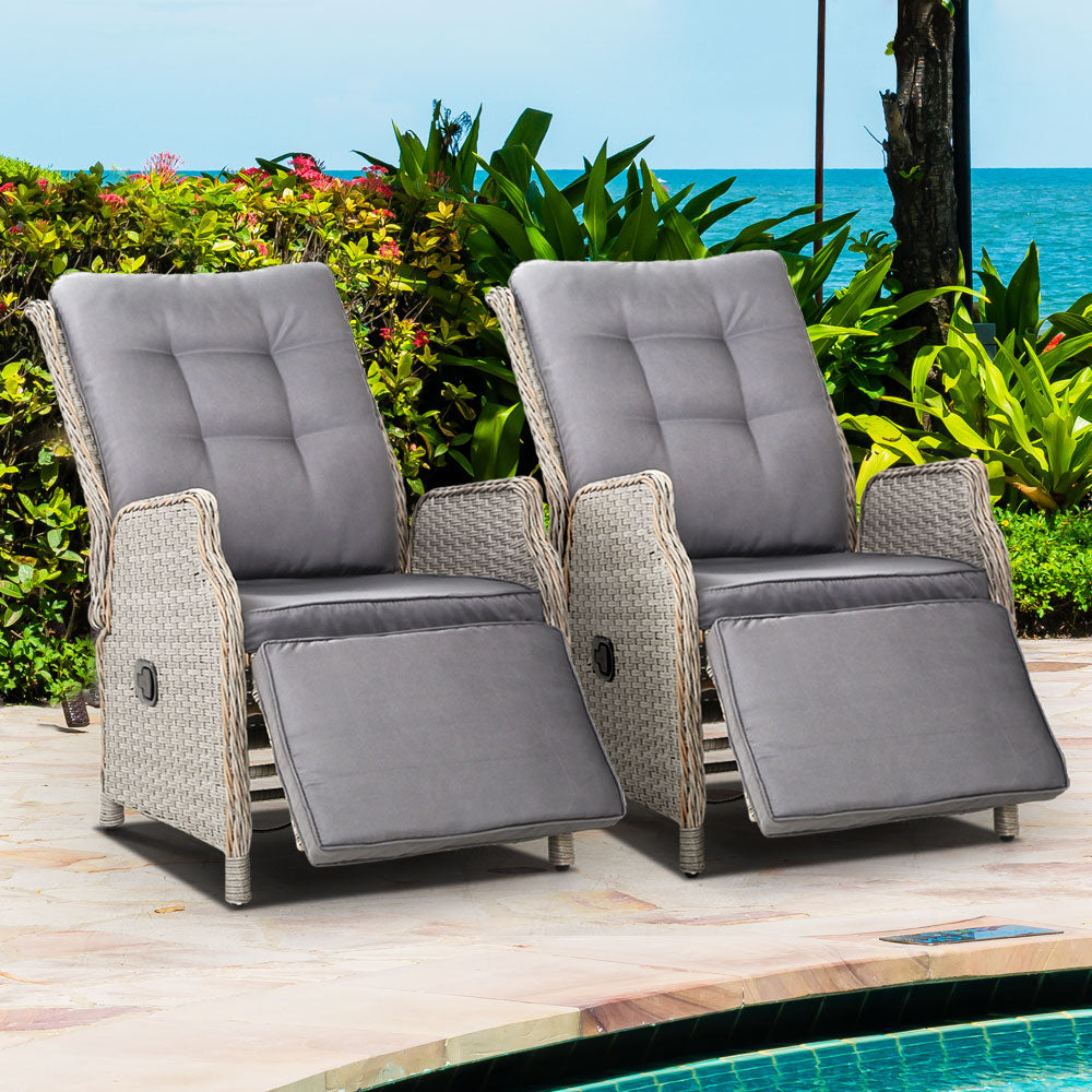 Gardeon 2PC Recliner Chairs Sun lounge Wicker Lounger Outdoor Furniture Adjustable Grey-7