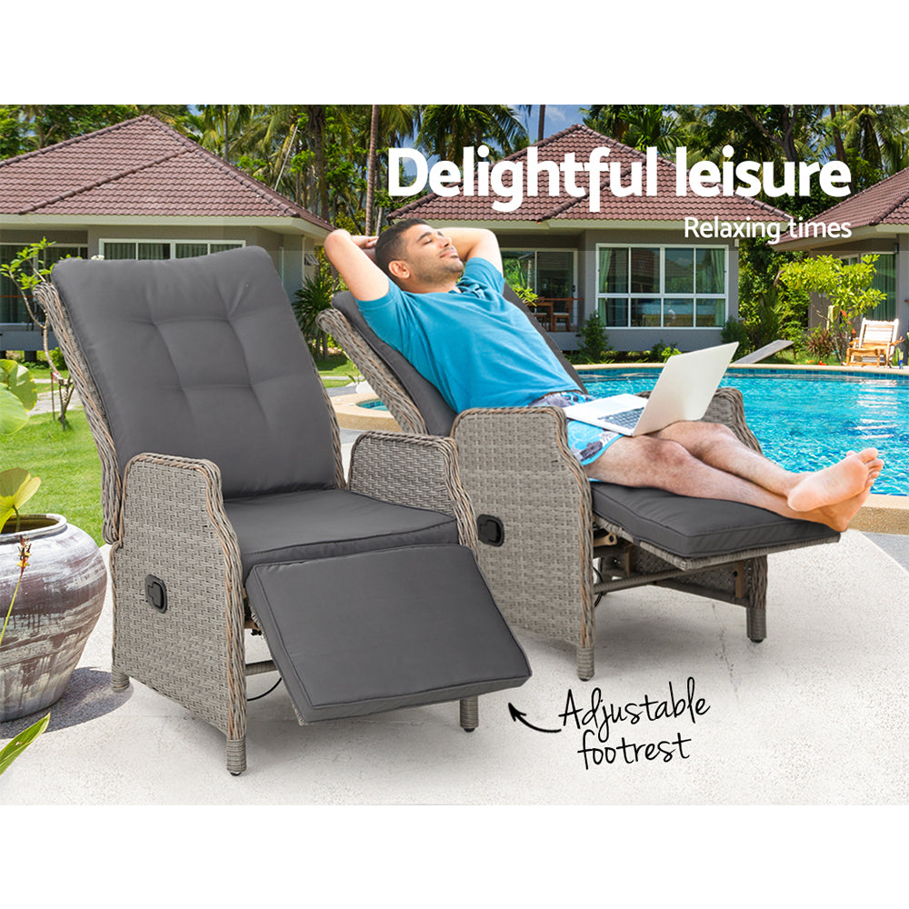 Gardeon 2PC Recliner Chairs Sun lounge Wicker Lounger Outdoor Furniture Adjustable Grey-8