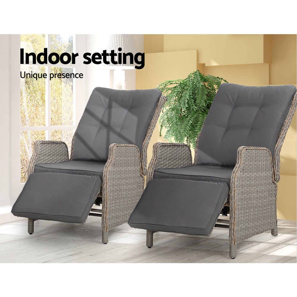 Gardeon 2PC Recliner Chairs Sun lounge Wicker Lounger Outdoor Furniture Adjustable Grey-11