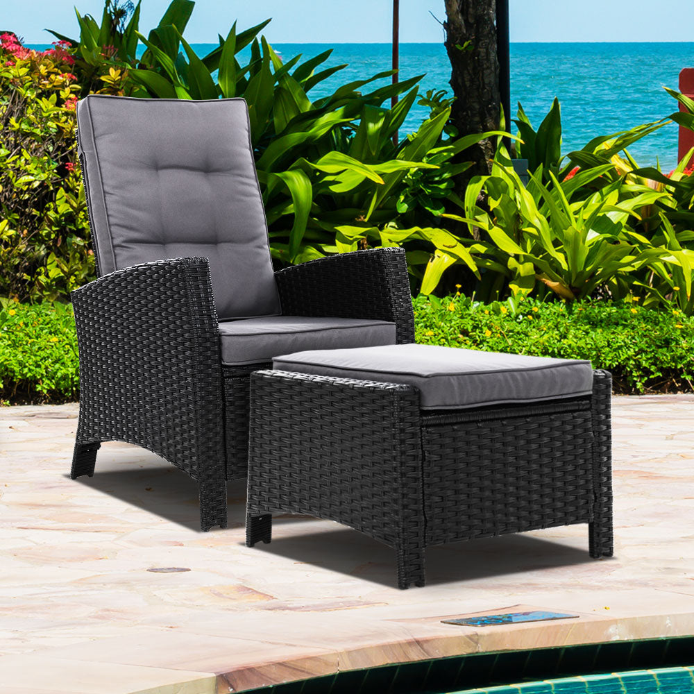 Gardeon Recliner Chair Sun lounge Wicker Lounger Outdoor Patio Furniture Adjustable Black-7