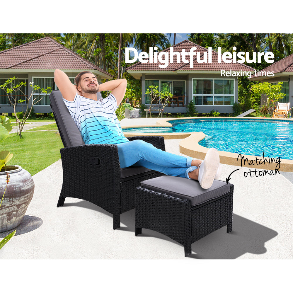 Gardeon Recliner Chair Sun lounge Wicker Lounger Outdoor Patio Furniture Adjustable Black-8