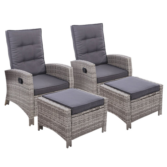 Gardeon 2PC Recliner Chairs Sun lounge Wicker Lounger Outdoor Furniture Adjustable Grey-0