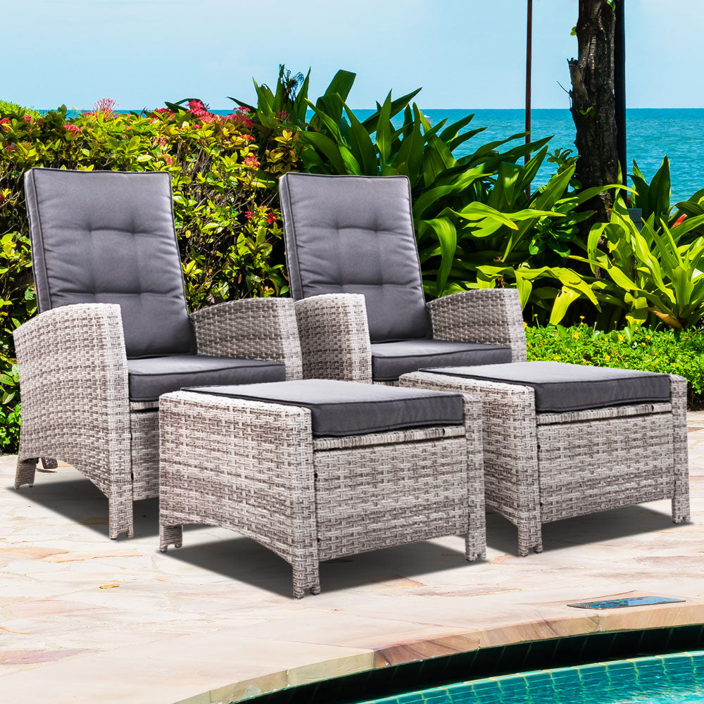 Gardeon 2PC Recliner Chairs Sun lounge Wicker Lounger Outdoor Furniture Adjustable Grey-7