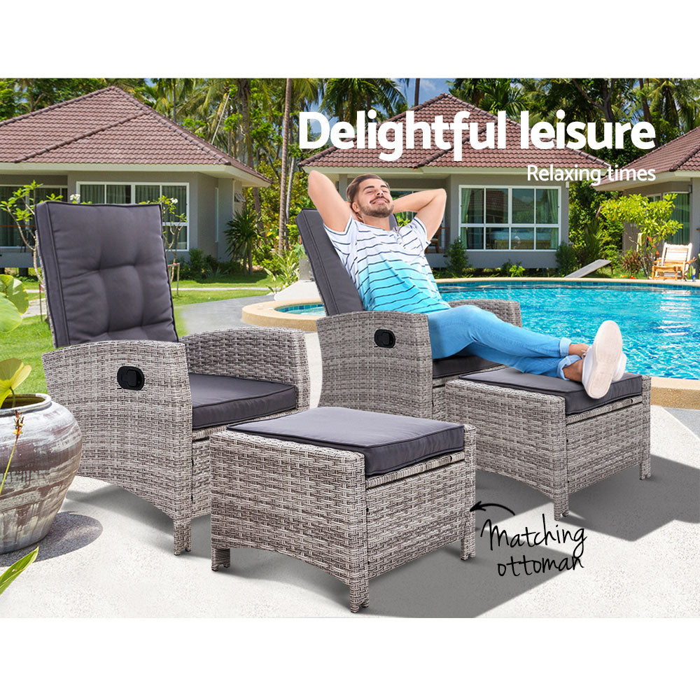 Gardeon 2PC Recliner Chairs Sun lounge Wicker Lounger Outdoor Furniture Adjustable Grey-8